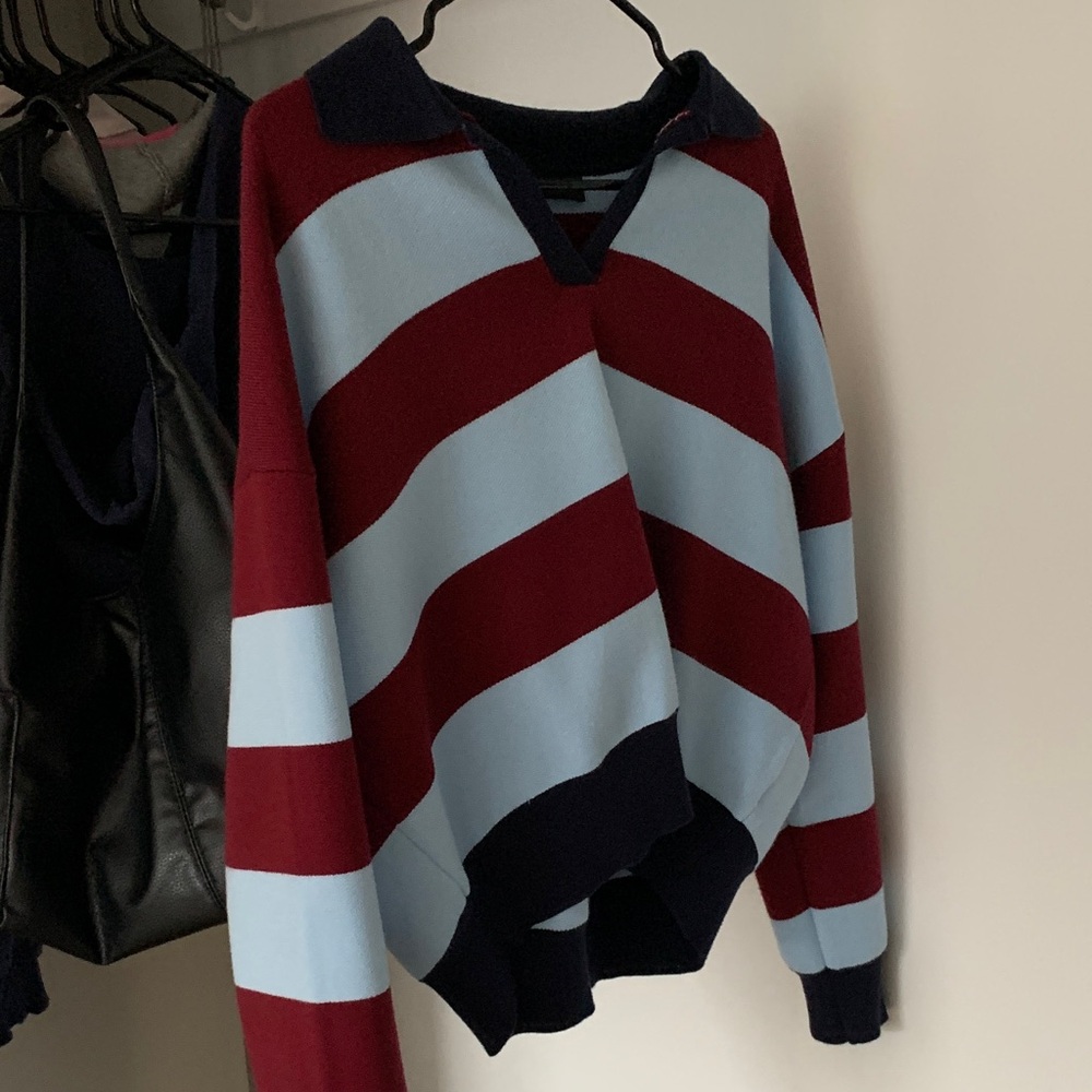 Striped Rugby-Style Sweater in Light Blue & Burgundy